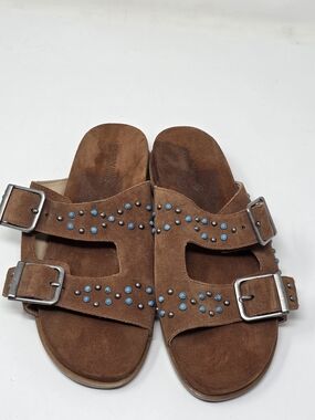JOHNNY WAS Studded Double Buckle Leather Suede Slides Sandals Brown Turquoise 8